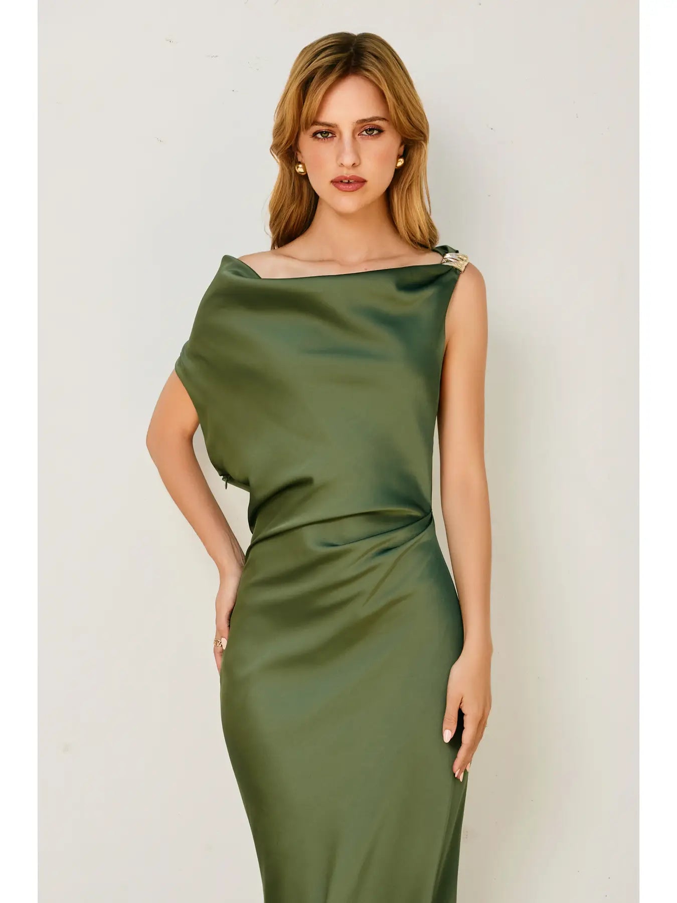 Dull Satin Off the Shoulder Ruched Midi Dress