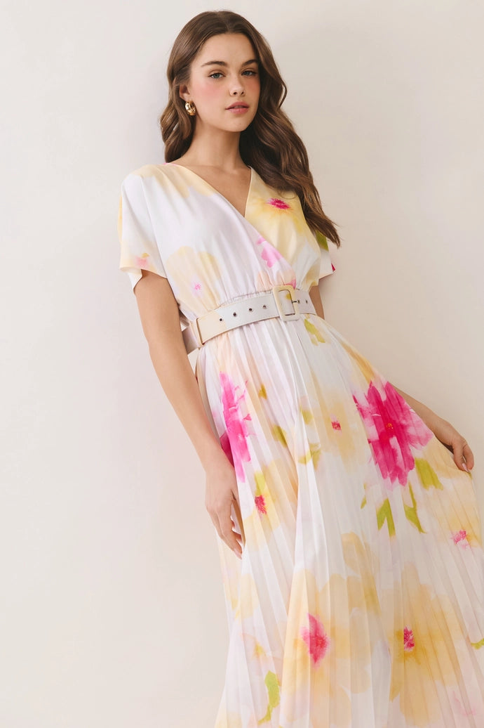 Floral Pleated Belted Midi Dress
