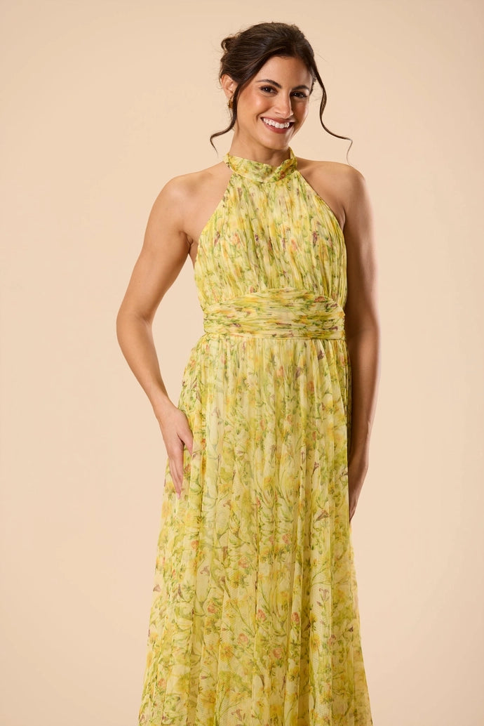 Vera Tulle Midi Dress in Yellow Floral