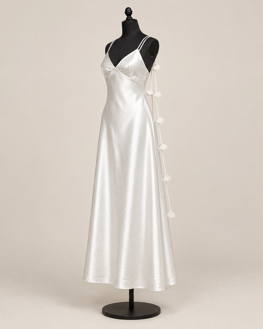 White satin maxi dress on a black female dress form, front three-quarter view with V-neckline and floral cords, beige background