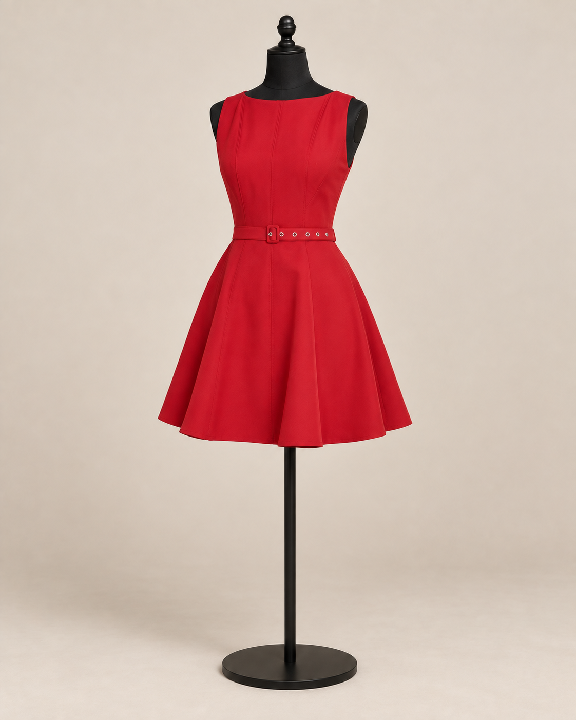 Red sleeveless skater mini dress with matching eyelet belt on a black female dress form, beige studio background