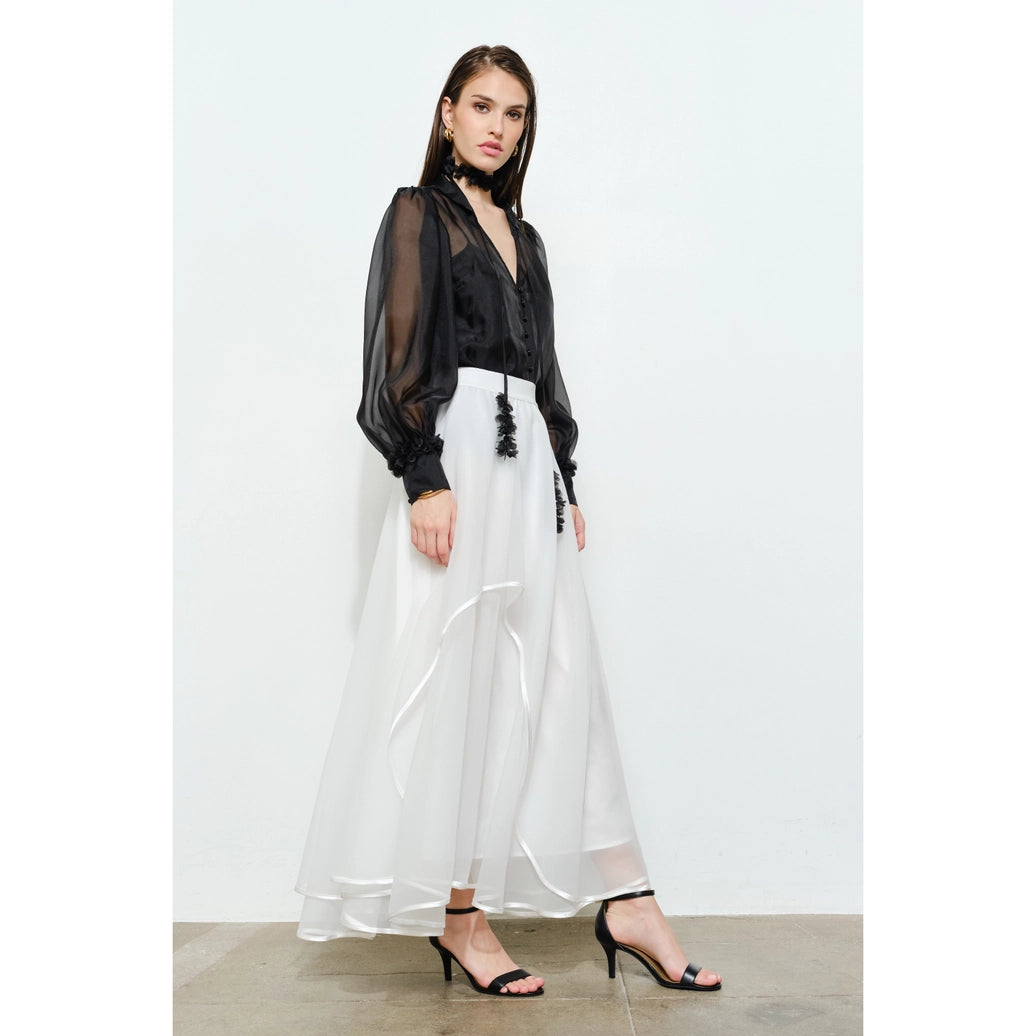 Long Puff Sleeve Sheer Floral Tie-Neck Blouse
