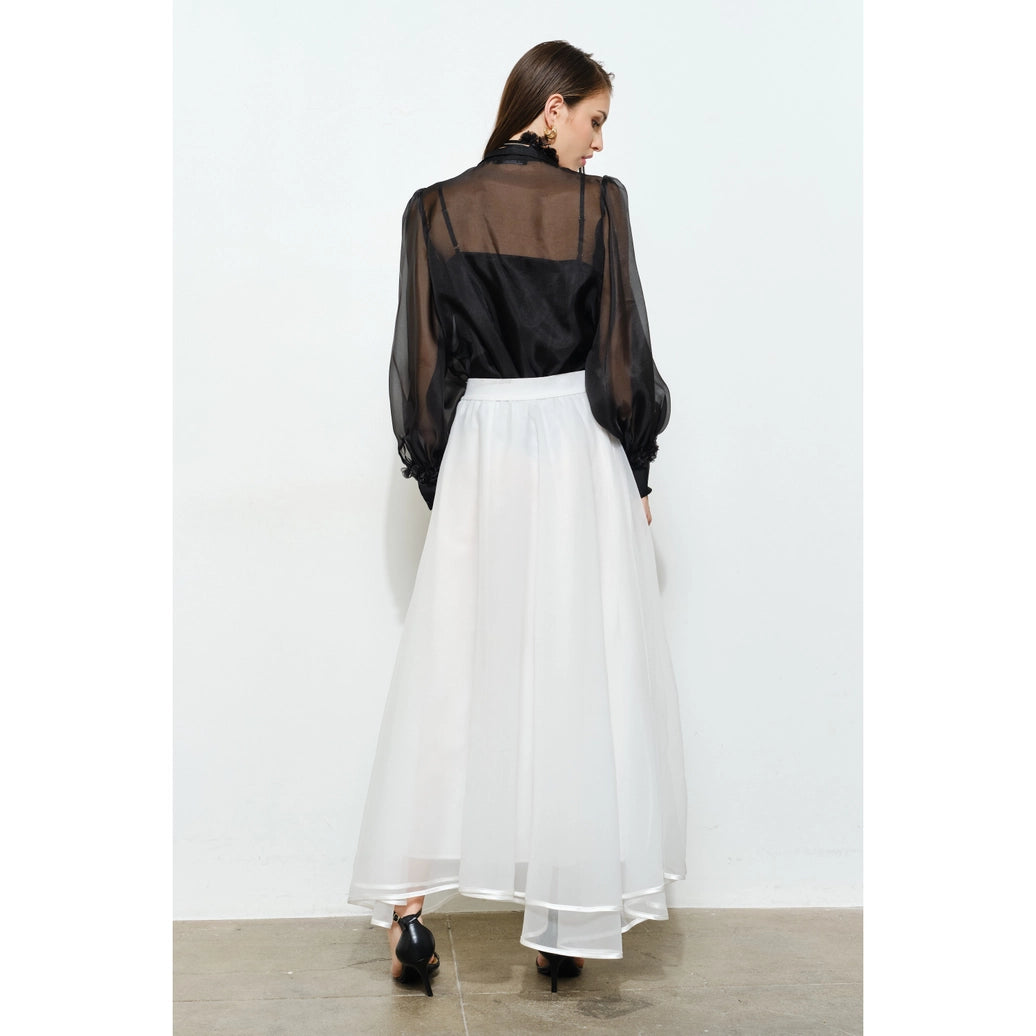 Long Puff Sleeve Sheer Floral Tie-Neck Blouse