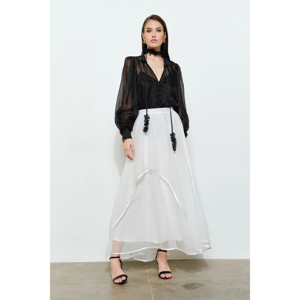 Long Puff Sleeve Sheer Floral Tie-Neck Blouse