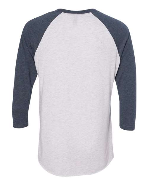 Unisex Triblend Three-Quarter Raglan Tee — Indigo Sleeves/ Heather White Body