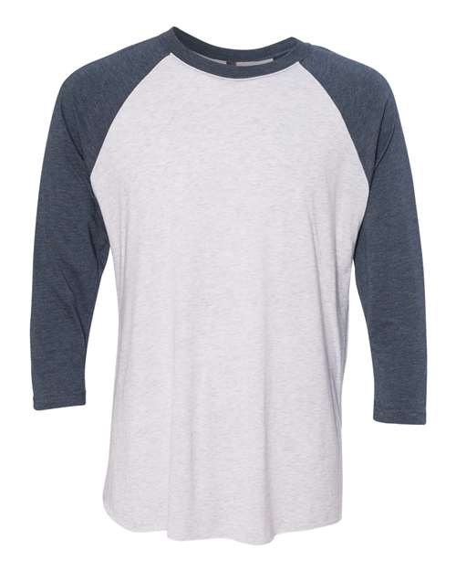 Unisex Triblend Three-Quarter Raglan Tee — Indigo Sleeves/ Heather White Body