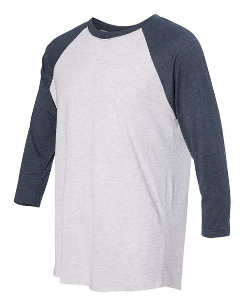 Unisex Triblend Three-Quarter Raglan Tee — Indigo Sleeves/ Heather White Body
