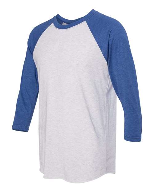 Unisex Triblend Three-Quarter Raglan Tee — Vintage Royal Sleeves/ Heather White Body