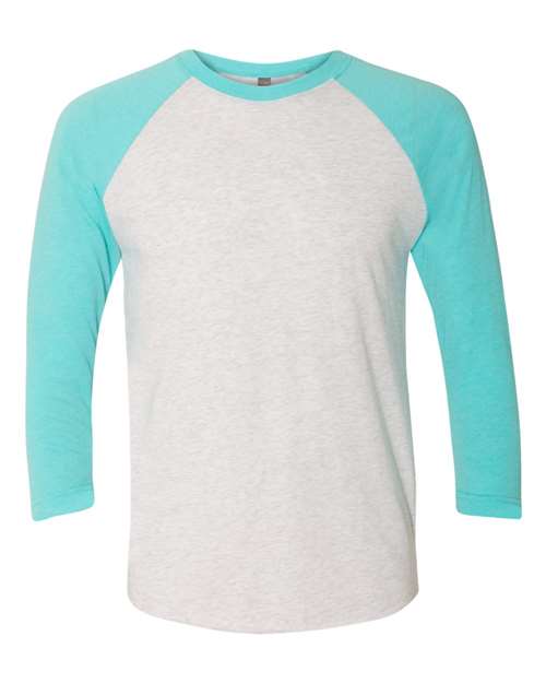 Unisex Triblend Three-Quarter Raglan Tee — Tahiti Blue Sleeves/ Heather White Body