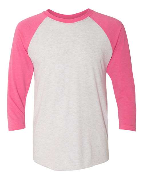 Unisex Triblend Three-Quarter Raglan Tee — Vintage Pink Sleeves/ Heather White Body