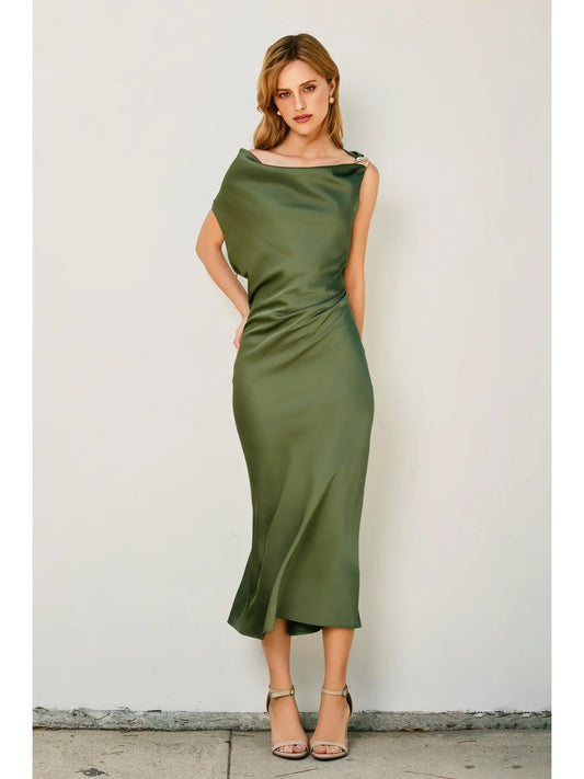 Dull Satin Off the Shoulder Ruched Midi Dress