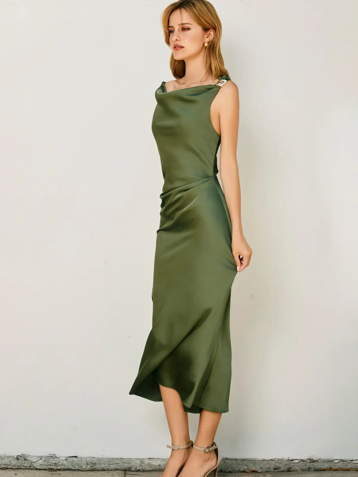 Dull Satin Off the Shoulder Ruched Midi Dress