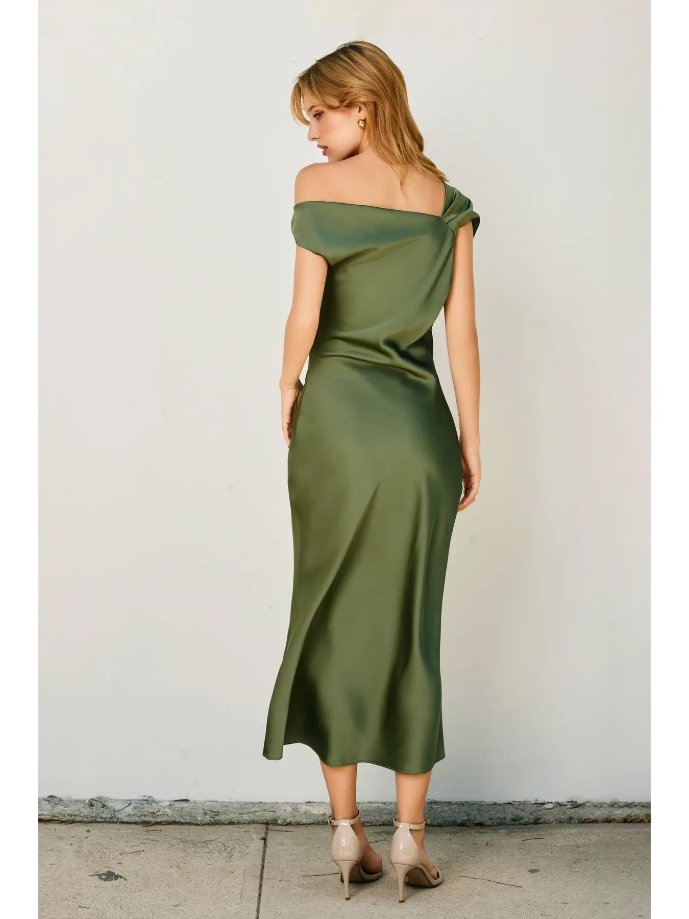 Dull Satin Off the Shoulder Ruched Midi Dress