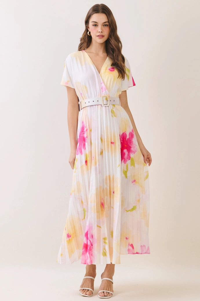 Floral Pleated Belted Midi Dress