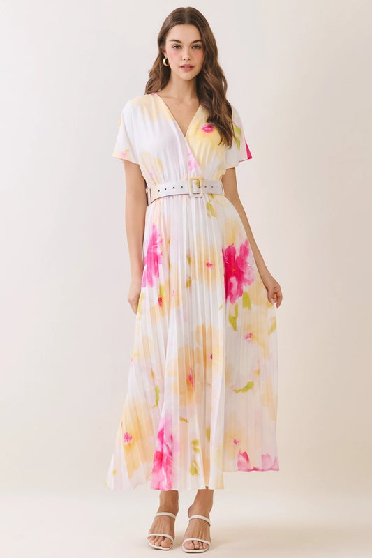 Floral Pleated Belted Midi Dress
