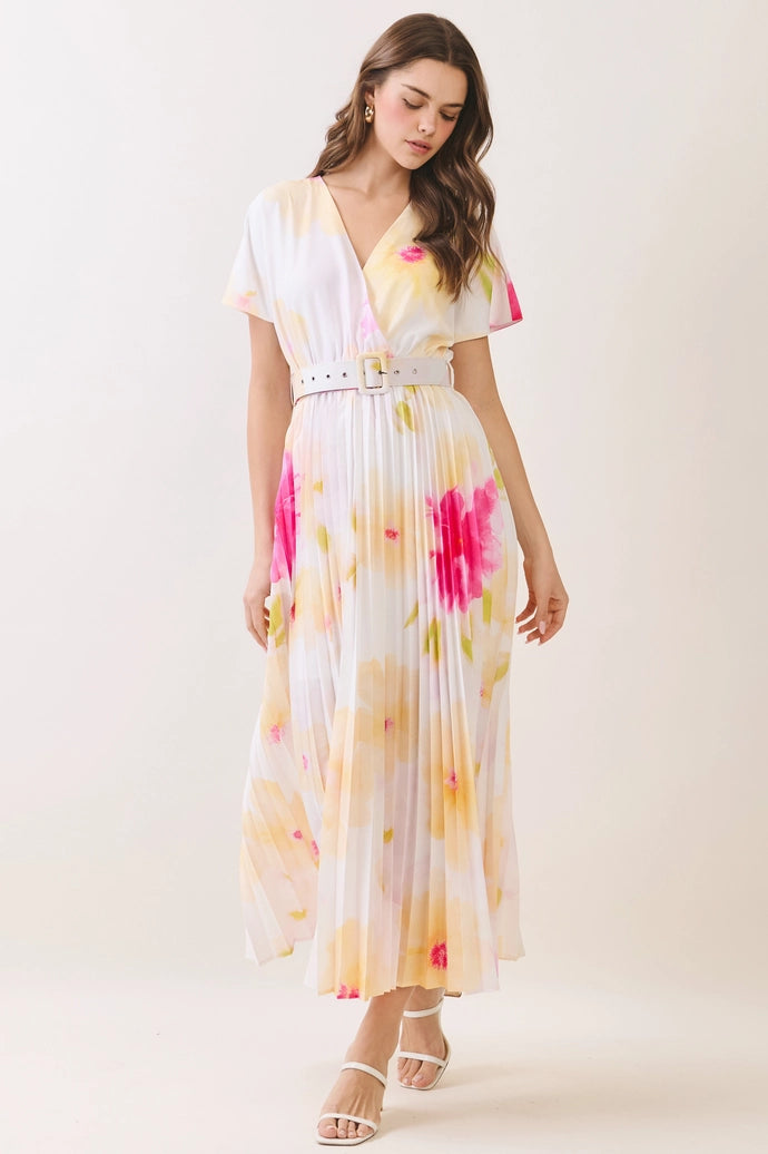 Floral Pleated Belted Midi Dress