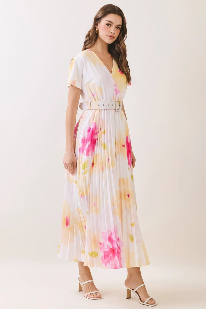 Floral Pleated Belted Midi Dress