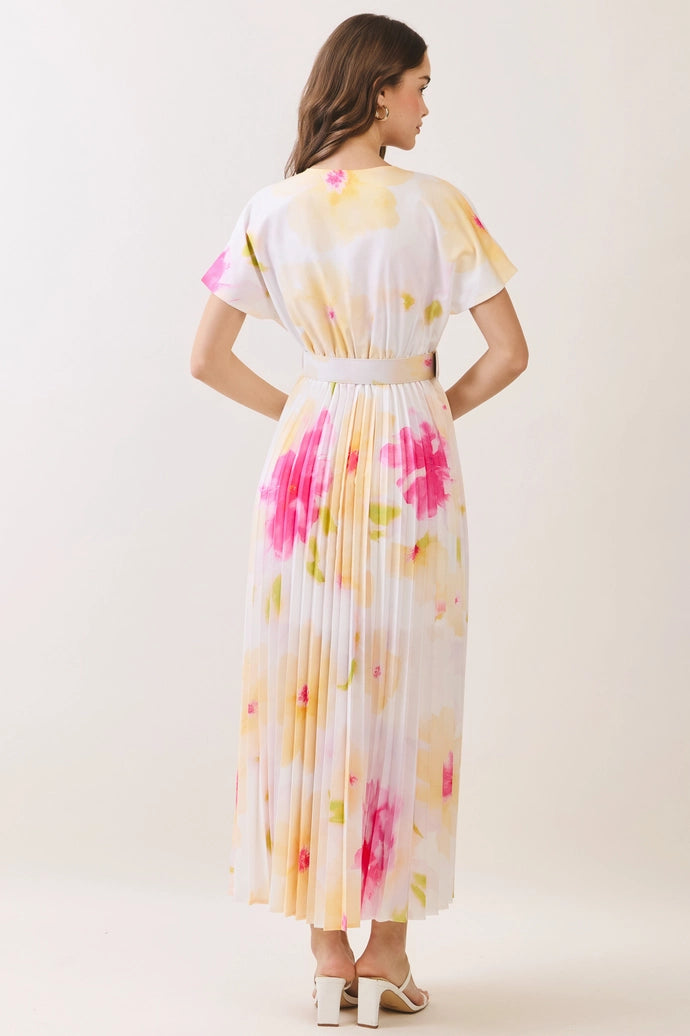 Floral Pleated Belted Midi Dress