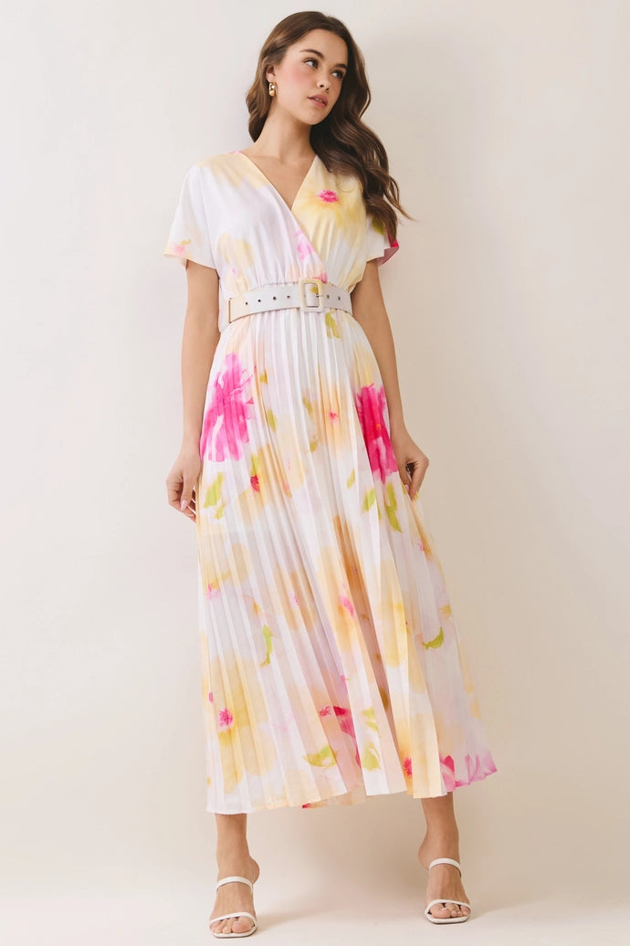 Floral Pleated Belted Midi Dress