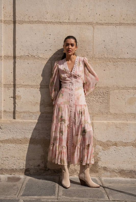 Avril print and lace long dress