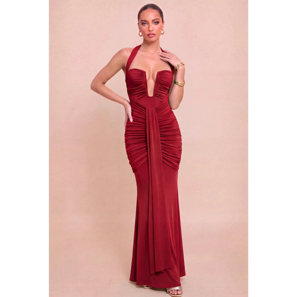Halter Plunge Neck Jersey Dress