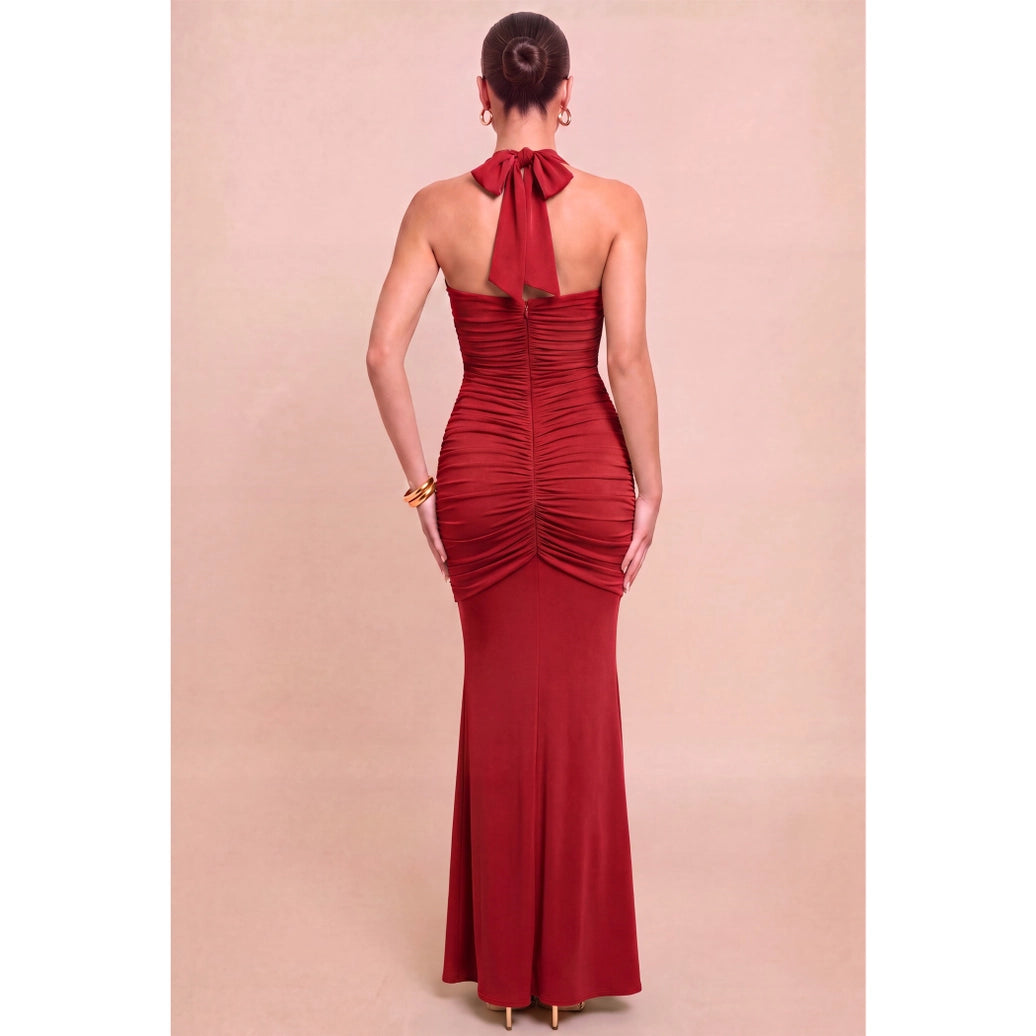 Halter Plunge Neck Jersey Dress