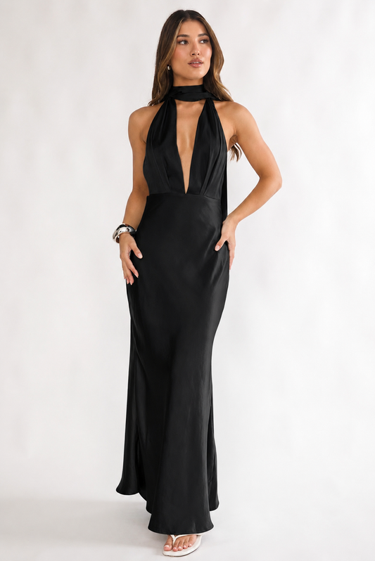HALTERNECK SATIN MAXI DRESS | BLACK