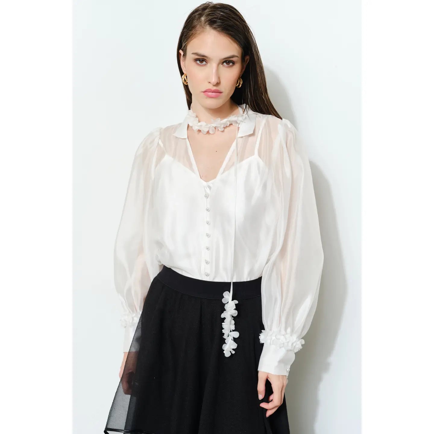 Long Puff Sleeve Sheer Floral Tie-Neck Blouse