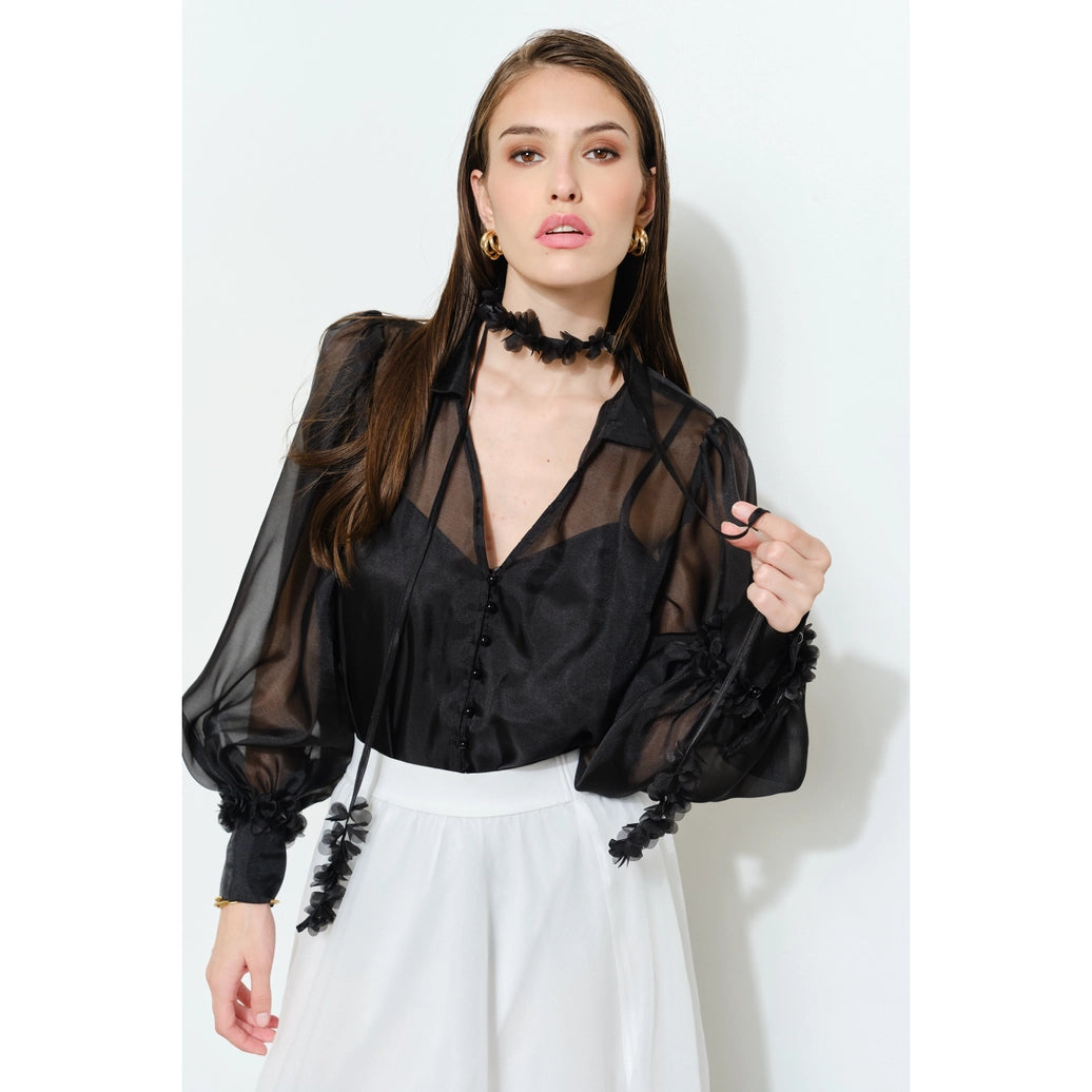 Long Puff Sleeve Sheer Floral Tie-Neck Blouse