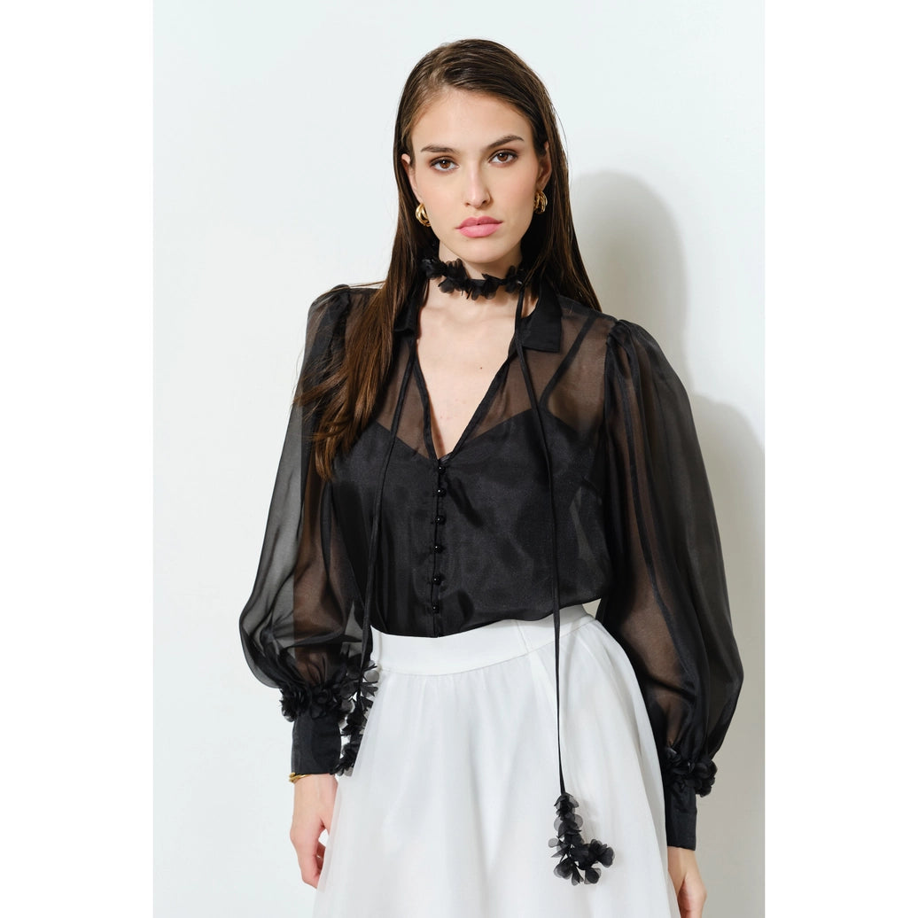 Long Puff Sleeve Sheer Floral Tie-Neck Blouse