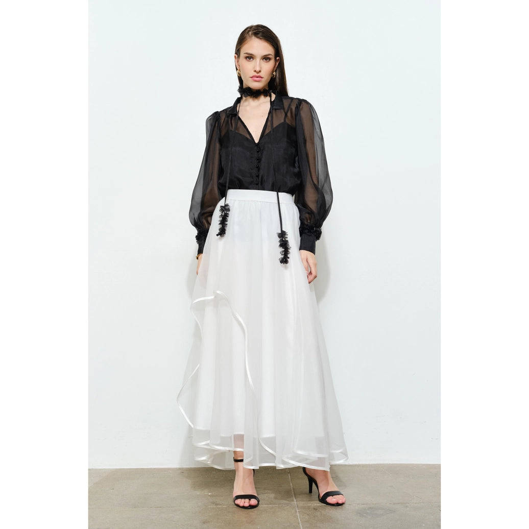 Long Puff Sleeve Sheer Floral Tie-Neck Blouse