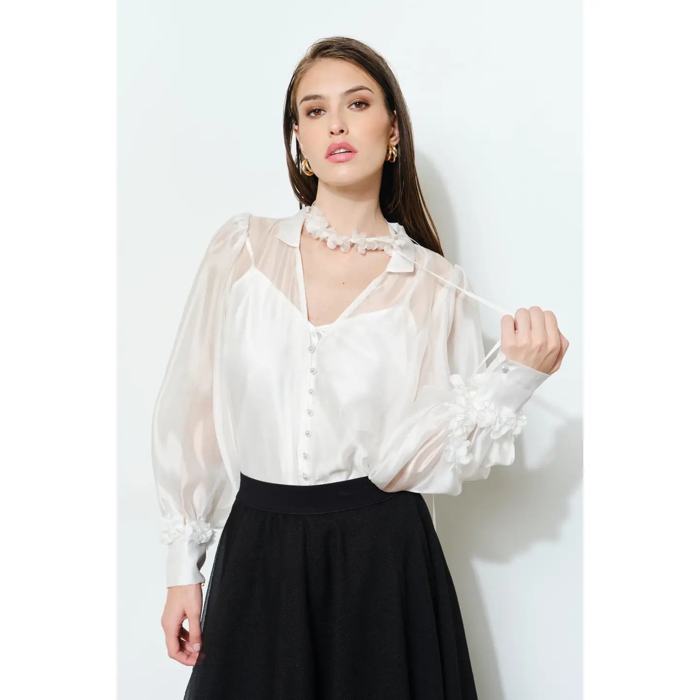 Long Puff Sleeve Sheer Floral Tie-Neck Blouse