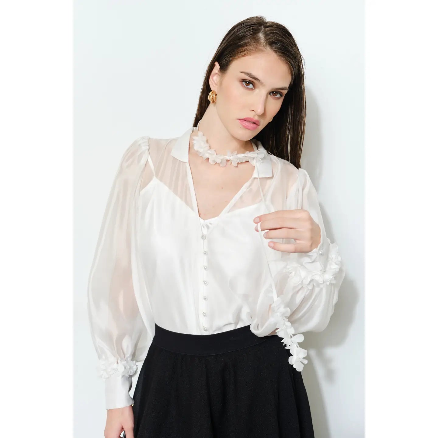 Long Puff Sleeve Sheer Floral Tie-Neck Blouse