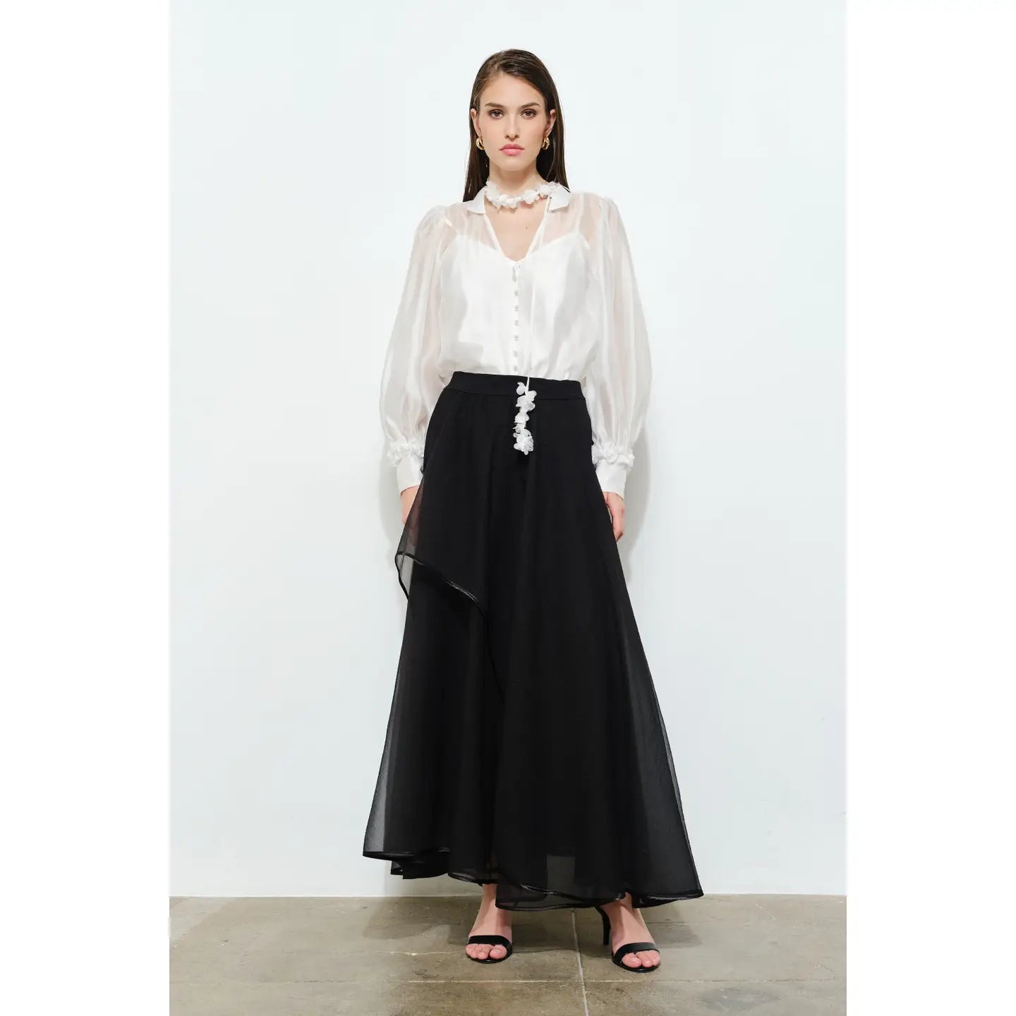 Long Puff Sleeve Sheer Floral Tie-Neck Blouse