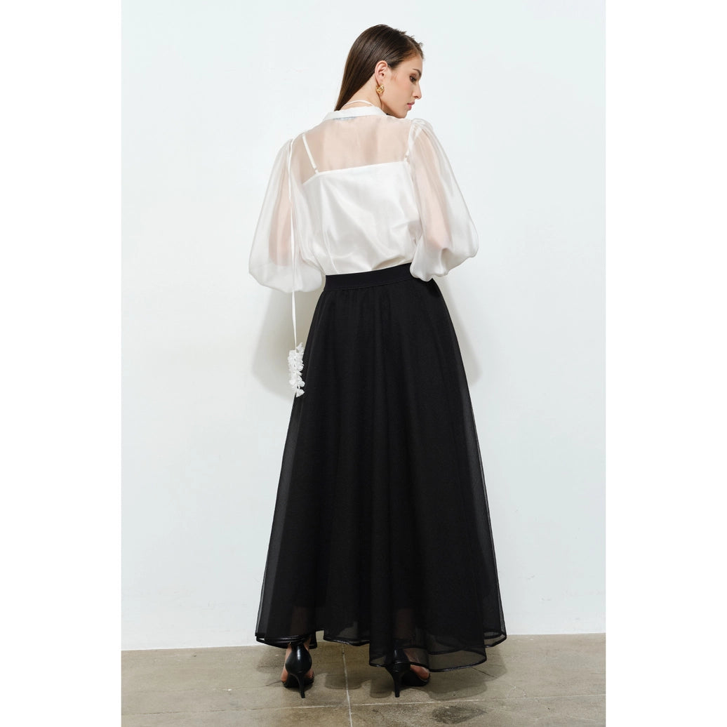 Long Puff Sleeve Sheer Floral Tie-Neck Blouse