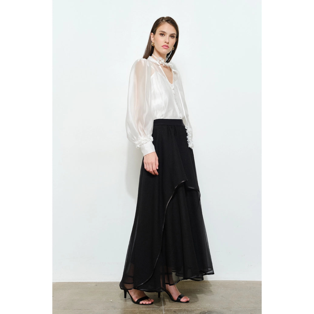 Long Puff Sleeve Sheer Floral Tie-Neck Blouse