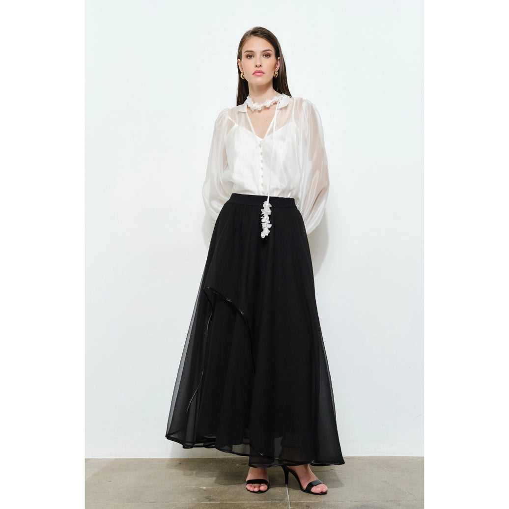 Long Puff Sleeve Sheer Floral Tie-Neck Blouse
