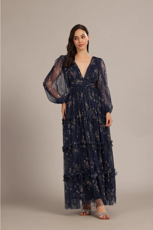 Lydia Tulle Maxi Dress in Navy Floral