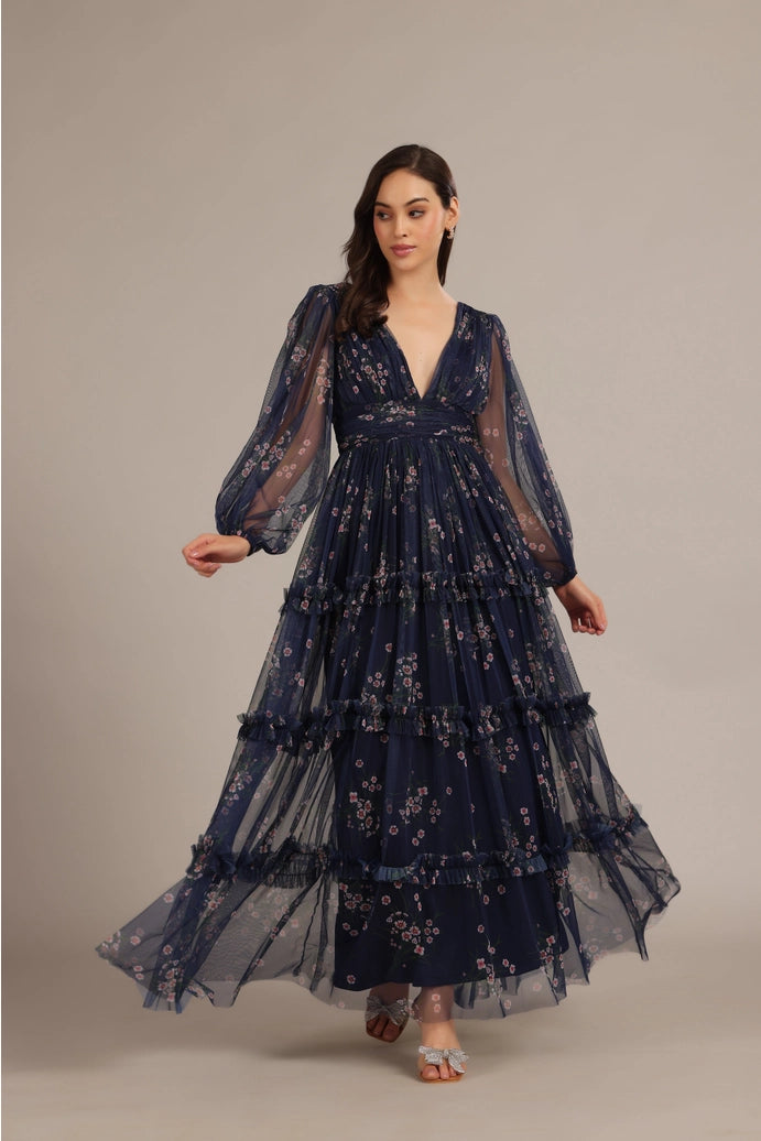 Lydia Tulle Maxi Dress in Navy Floral