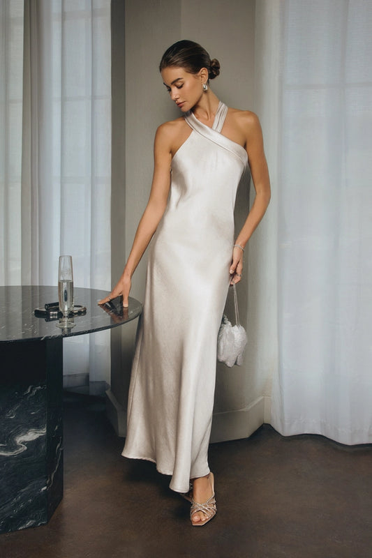Metallic Foil Halter Neck Midi Dress