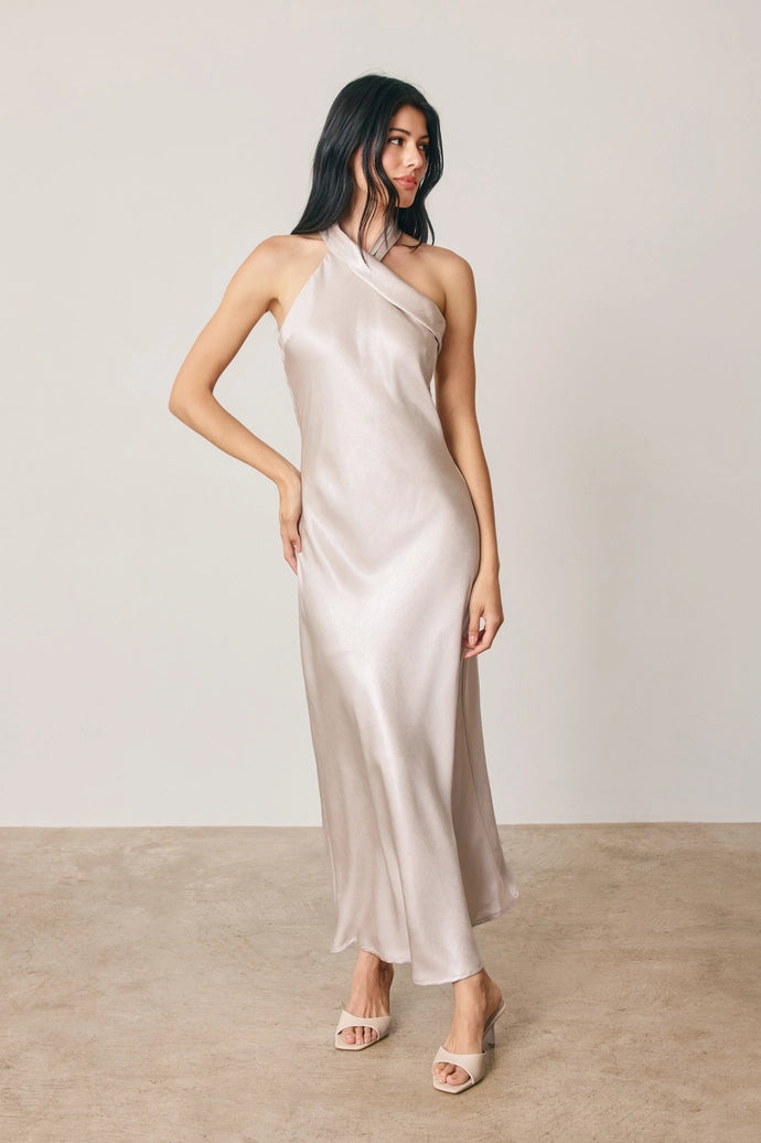 Metallic Foil Halter Neck Midi Dress