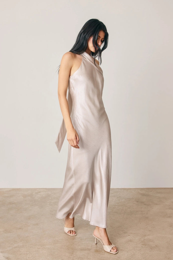 Metallic Foil Halter Neck Midi Dress