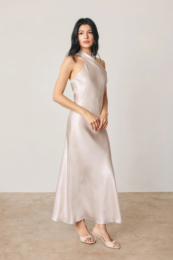 Metallic Foil Halter Neck Midi Dress