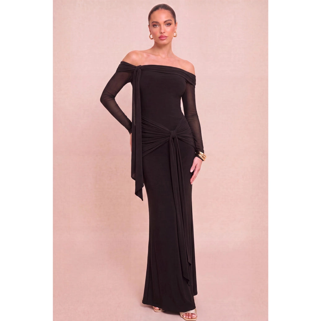 Robe longue en maille à nouer devant, épaules dénudées