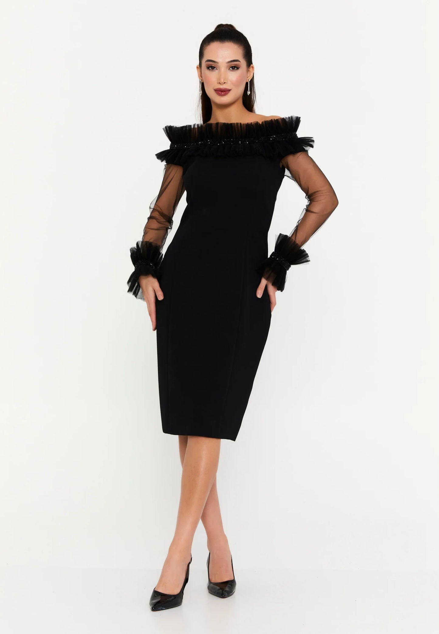 Nazan Off Shoulder Midi  Evening Dress