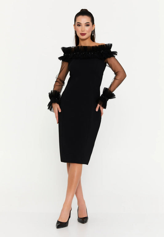 Nazan Off Shoulder Midi  Evening Dress