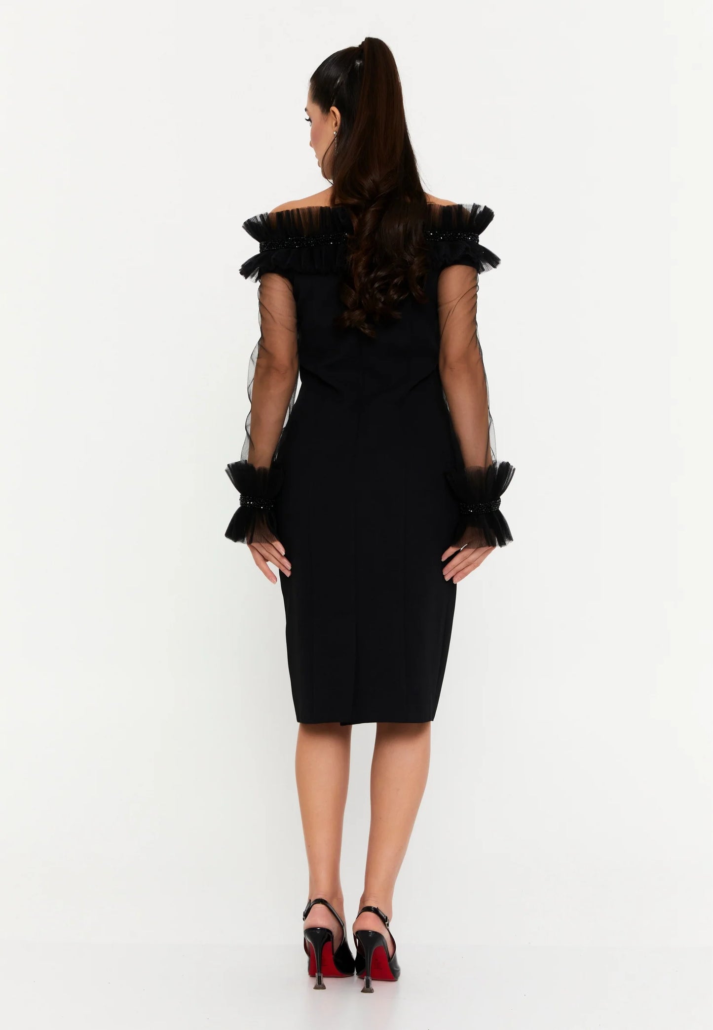 Nazan Off Shoulder Midi  Evening Dress