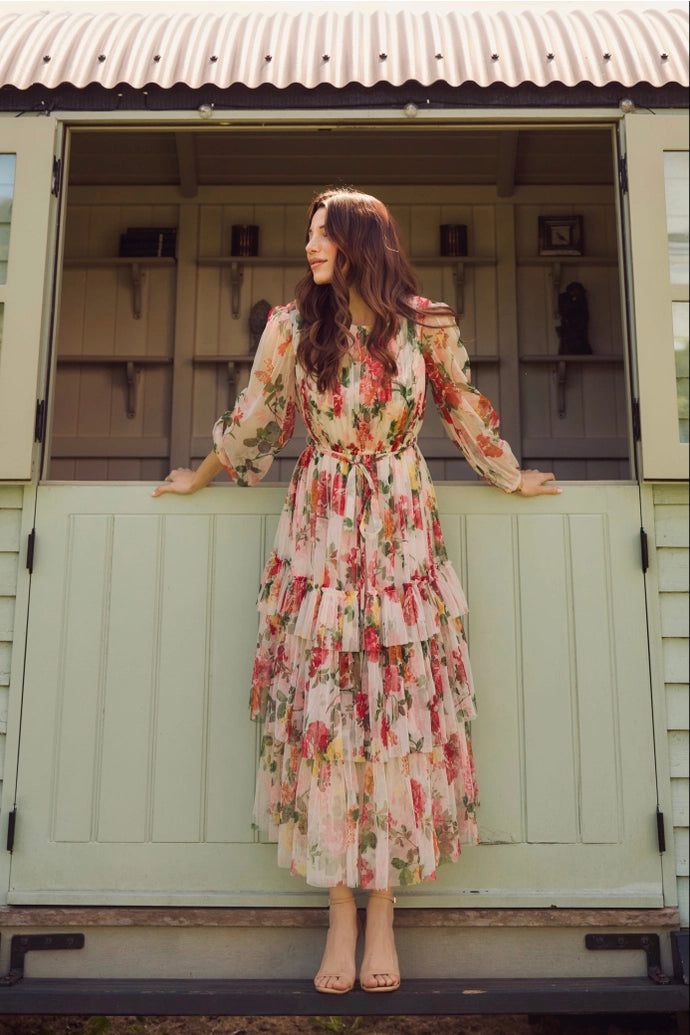 Rebecca cream floral tulle dress