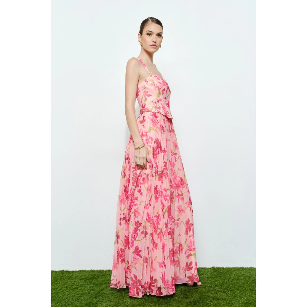 Romantic Floral Sheer Sleeveless Corset Maxi Dress