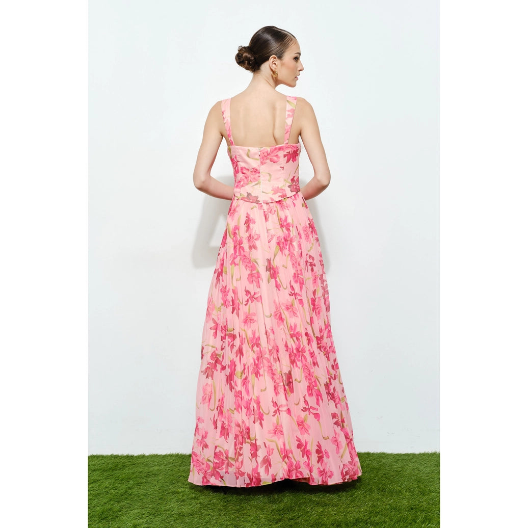Romantic Floral Sheer Sleeveless Corset Maxi Dress